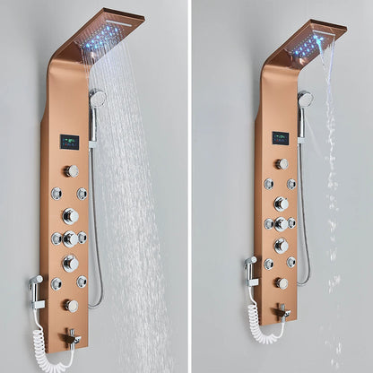 LED Bathroom Shower Panel 6 Modes Intelligent LCD Shower Column Rose Gold Rain Waterfall Bath Systems With Massage Jet Mixer Tap