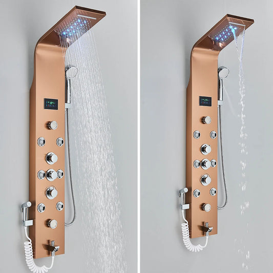 LED Bathroom Shower Panel 6 Modes Intelligent LCD Shower Column Rose Gold Rain Waterfall Bath Systems With Massage Jet Mixer Tap