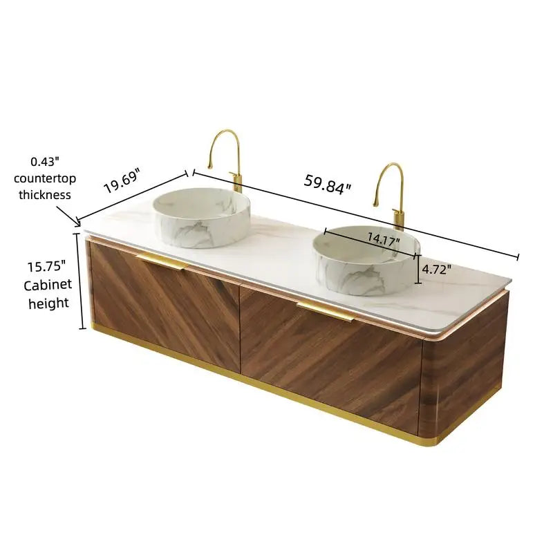 60" Bathroom Vanity with Sinks, Floating Plywood Storage Cabinet, 2 Drawers with Sensor Light, 2 Ceramic Vessel Basins