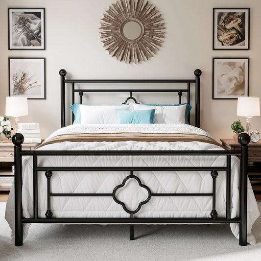 14 Inch Metal Platform Bed Frame, Vintage Victorian Style, Wrought Iron Headboard and Footboard