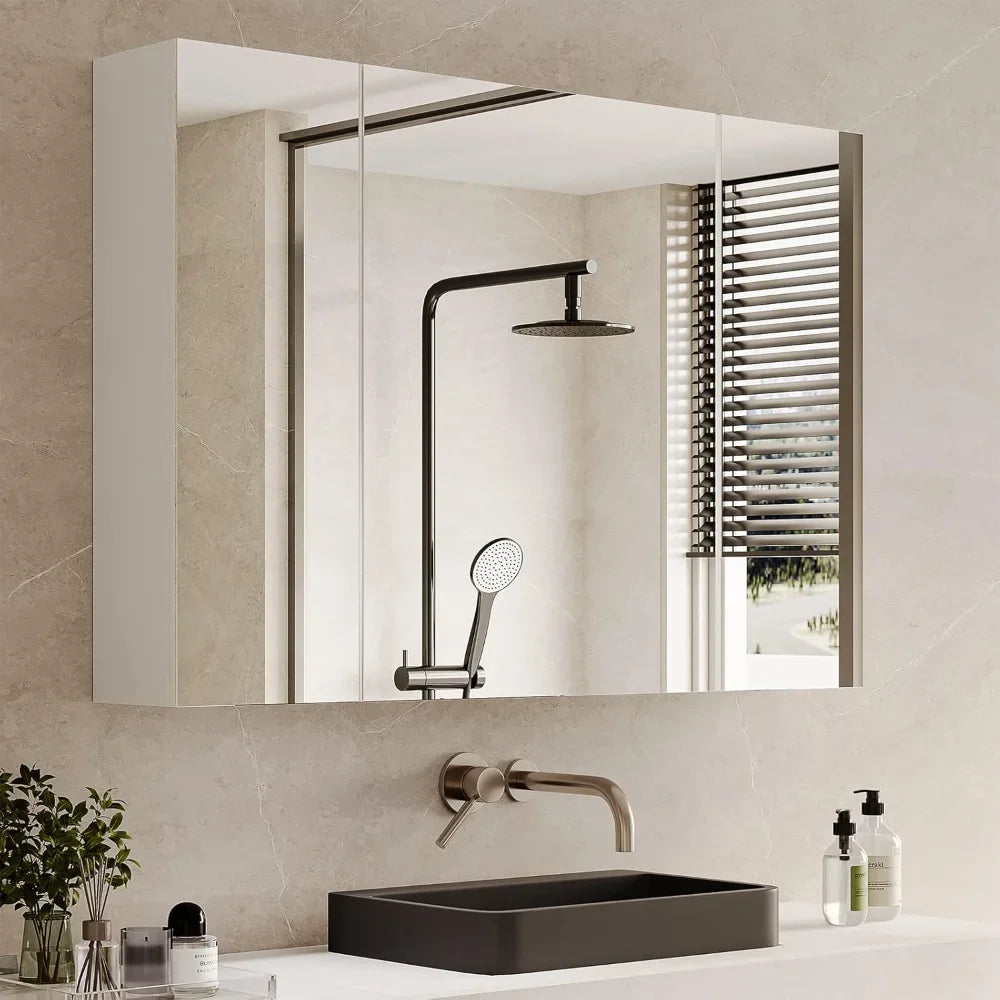 Medicine Cabinets Bathroom Mirror Cabinet with3 Door Bathroom Wall Cabinet  Wall Mirror Storage Shelf with 3-Adjustable Shelves