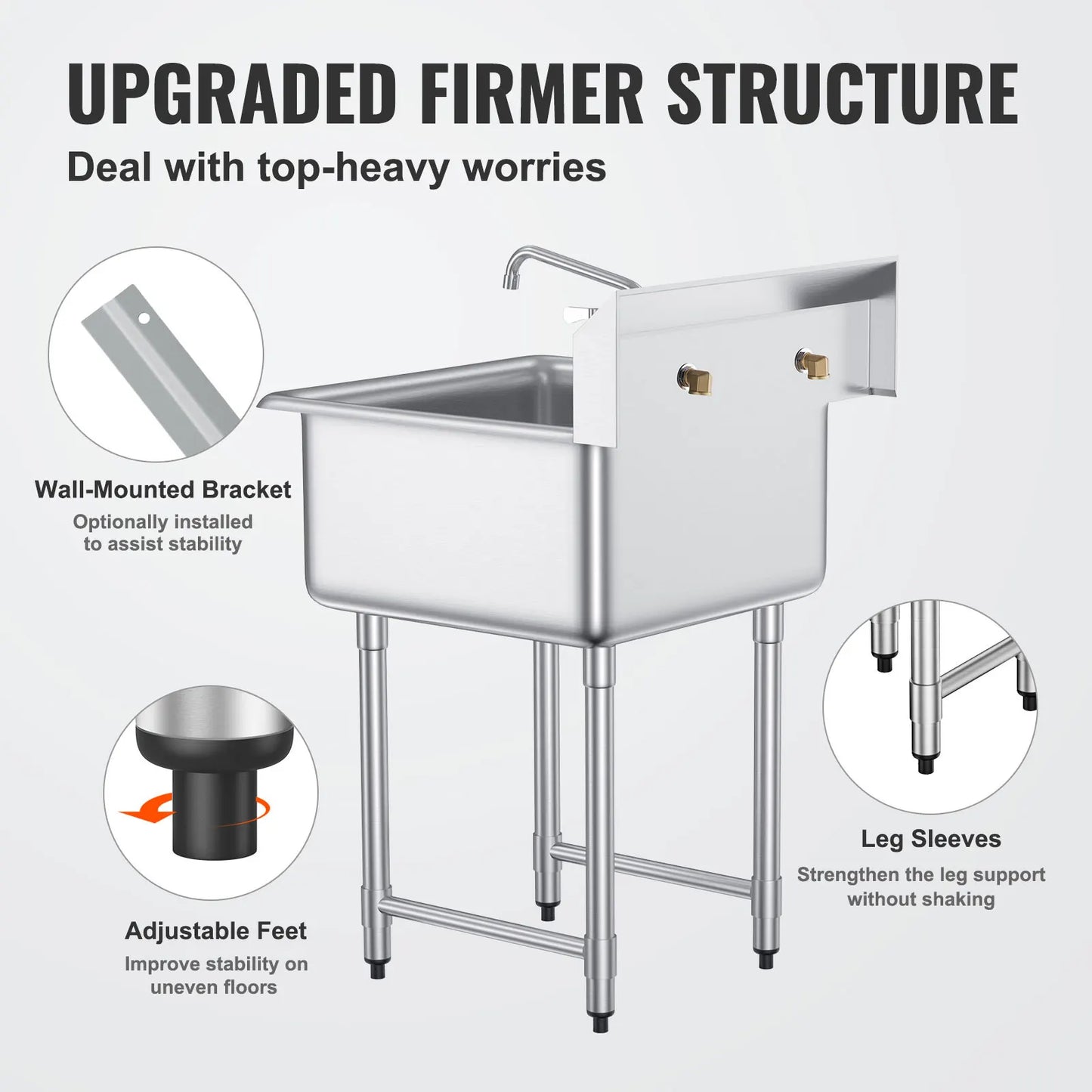 Stainless Steel Kitchen Prep & Utility Sink 1 Compartment Restaurant Commercial Steel Sink w/Faucet for Restaurant Home