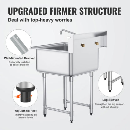 Stainless Steel Kitchen Prep & Utility Sink 1 Compartment Restaurant Commercial Steel Sink w/Faucet for Restaurant Home