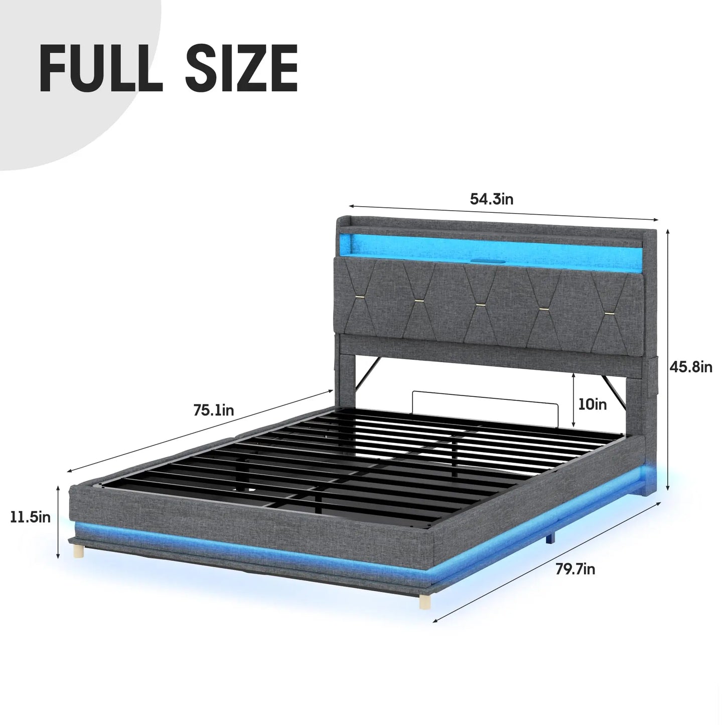 Lift Up Bed Frame with Storage Headboard &Power Outlet, LED Lights Upholstered Platform Bed Frame for Bedroom Noise-Free