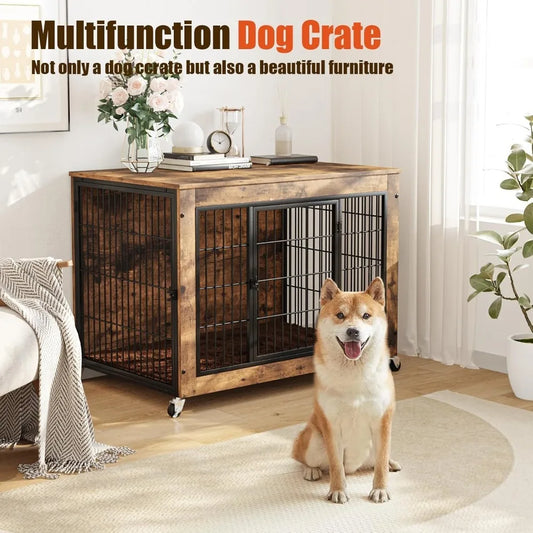 38 Inch Dog Crate Furniture with Cushion, Double Doors Wooden Dog Kennel Cage Indoor with Wheels, Pet House Decorative
