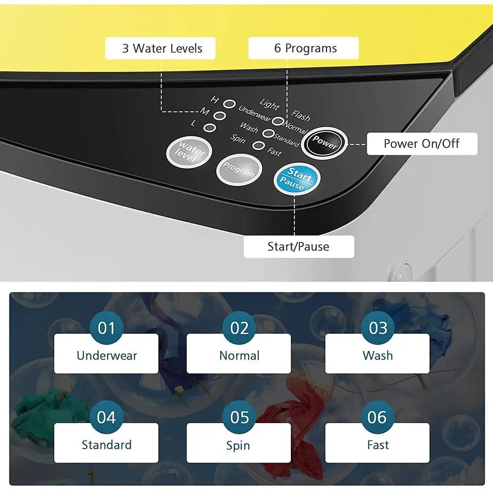 Full Automatic Portable Washing Machine Compact Laundry Washer Spin Dryer with Barrel Light Drain Pump Ideal Apartments