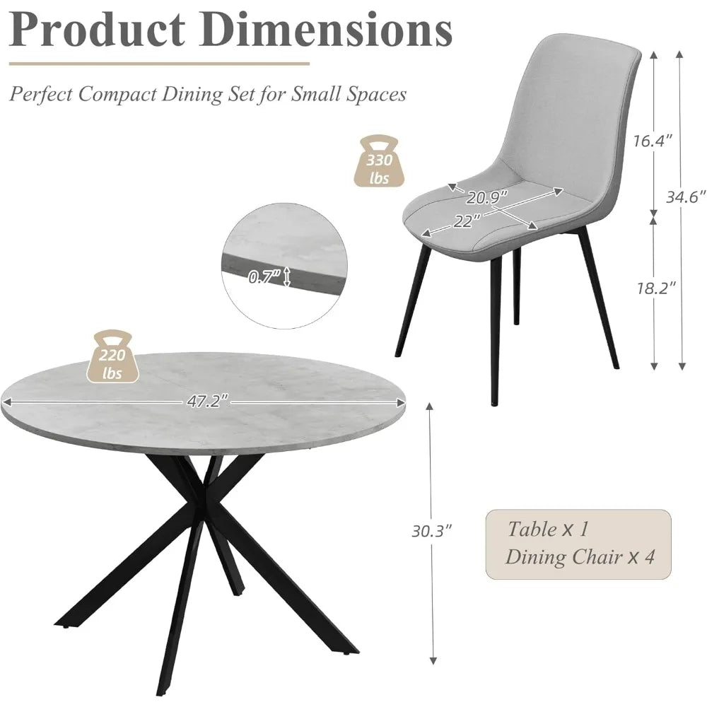 47" Round Dining Table Set for 4, Modern Kitchen Table Set with Steel Legs