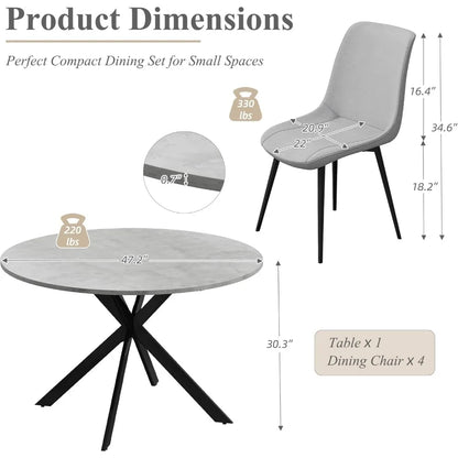 47" Round Dining Table Set for 4, Modern Kitchen Table Set with Steel Legs