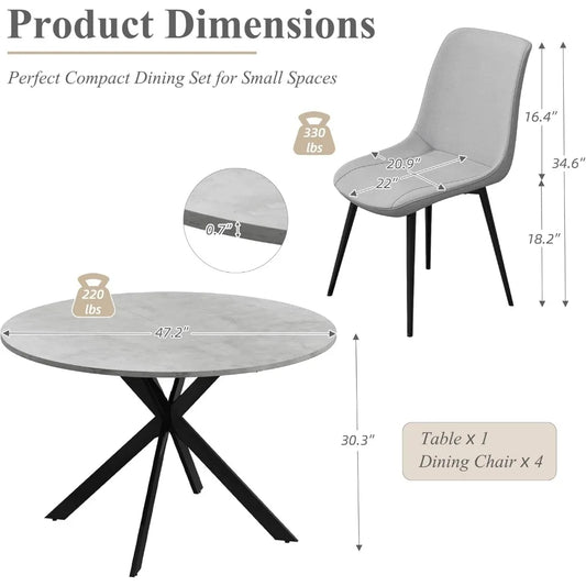 47" Round Dining Table Set for 4, Modern Kitchen Table Set with Steel Legs