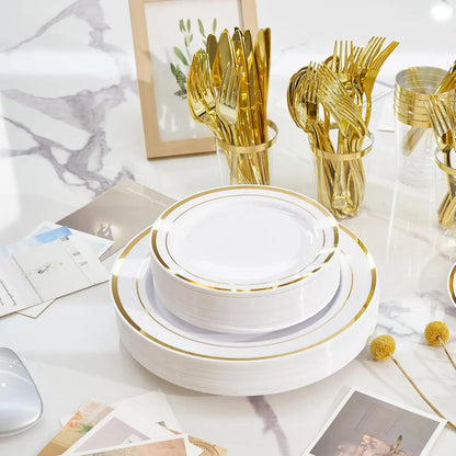 350 Pieces Gold Disposable Plates for 50 Guests, Disposable Plastic Plates for Party,Wedding, Dinnerware Set of 50 Dinner Plates