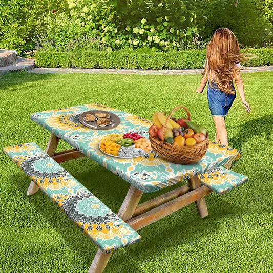 3pcs Picnic Table Covers With Elastic Tablecloth For Outdoor Parties And Camping