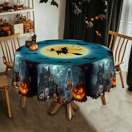 Halloween decoration printed round rectangle tablecloth, pumpkin bat witch ghost tablecloth, holiday party decoration,