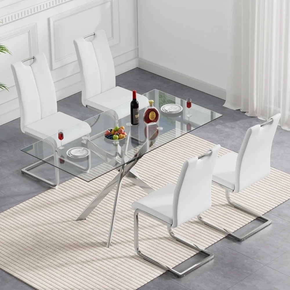 Glass Dining Table Set for 4, 5-Piece Modern Kitchen Table Set with 4 High-Back PU Leather Upholstered Chair for Kitchen Dining