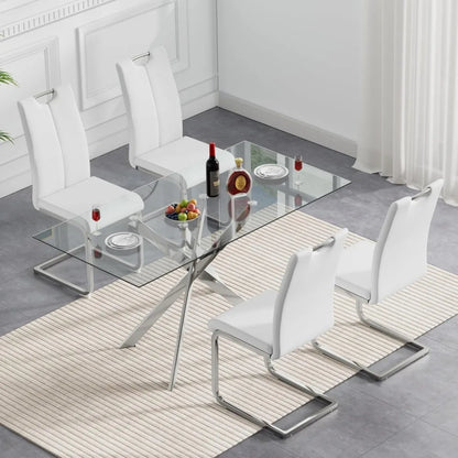 Glass Dining Table Set for 4, 5-Piece Modern Kitchen Table Set with 4 High-Back PU Leather Upholstered Chair for Kitchen Dining