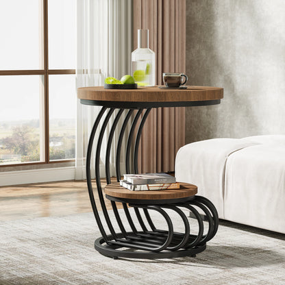 Gold Round End Table: 2 Tiers Faux Marble Side Table with Storage Shelf, Modern White Gold Bedside Nightstand