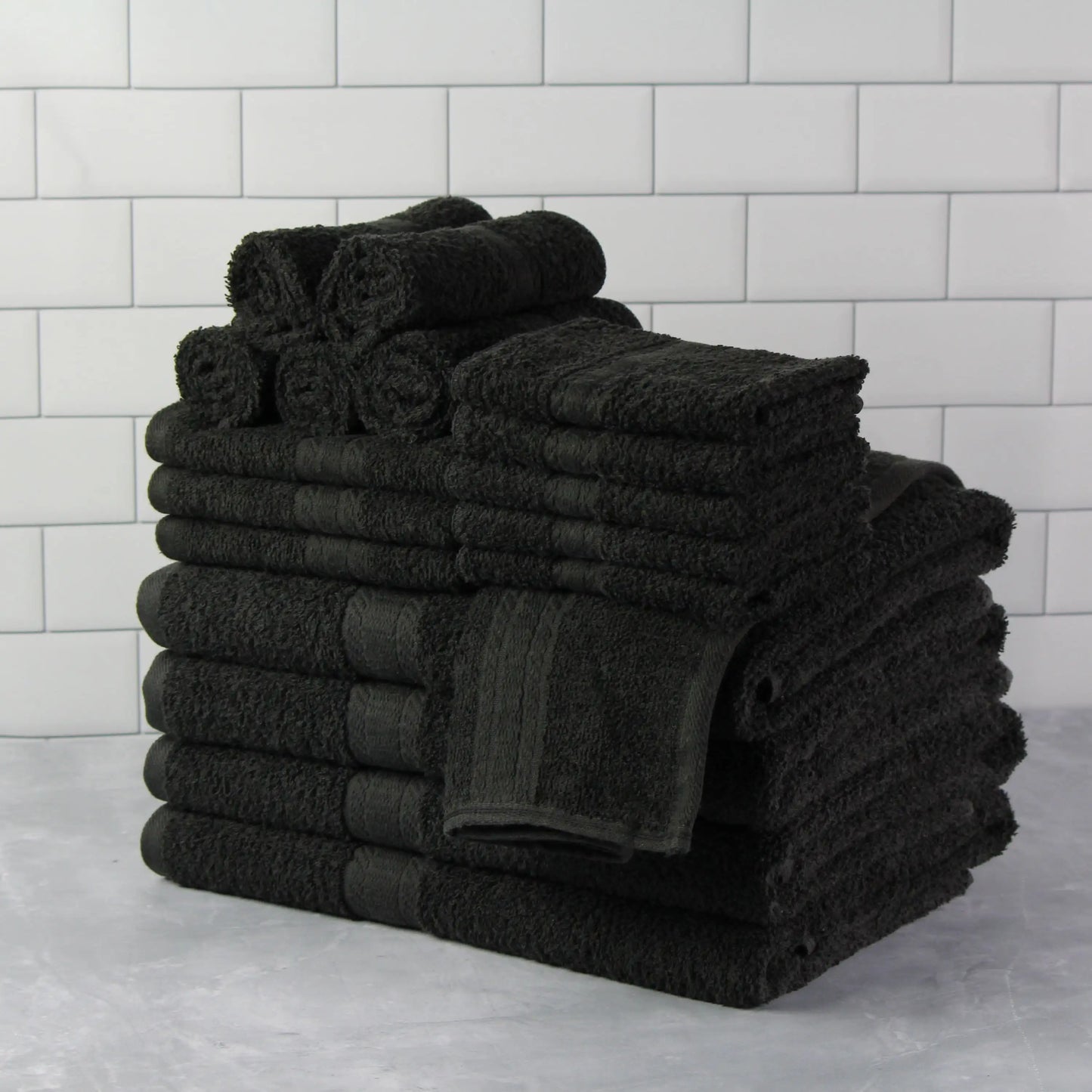 18 Piece 100% Cotton Towel Set, 4 Bath , 4 Hand and 10 Washcloths, Super Soft and Highly Absorbent Basic Solid Towel Set,Black