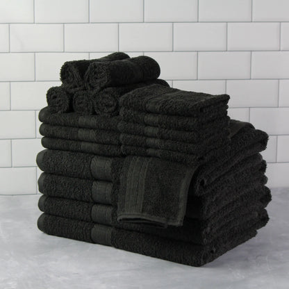 18 Piece 100% Cotton Towel Set, 4 Bath , 4 Hand and 10 Washcloths, Super Soft and Highly Absorbent Basic Solid Towel Set,Black