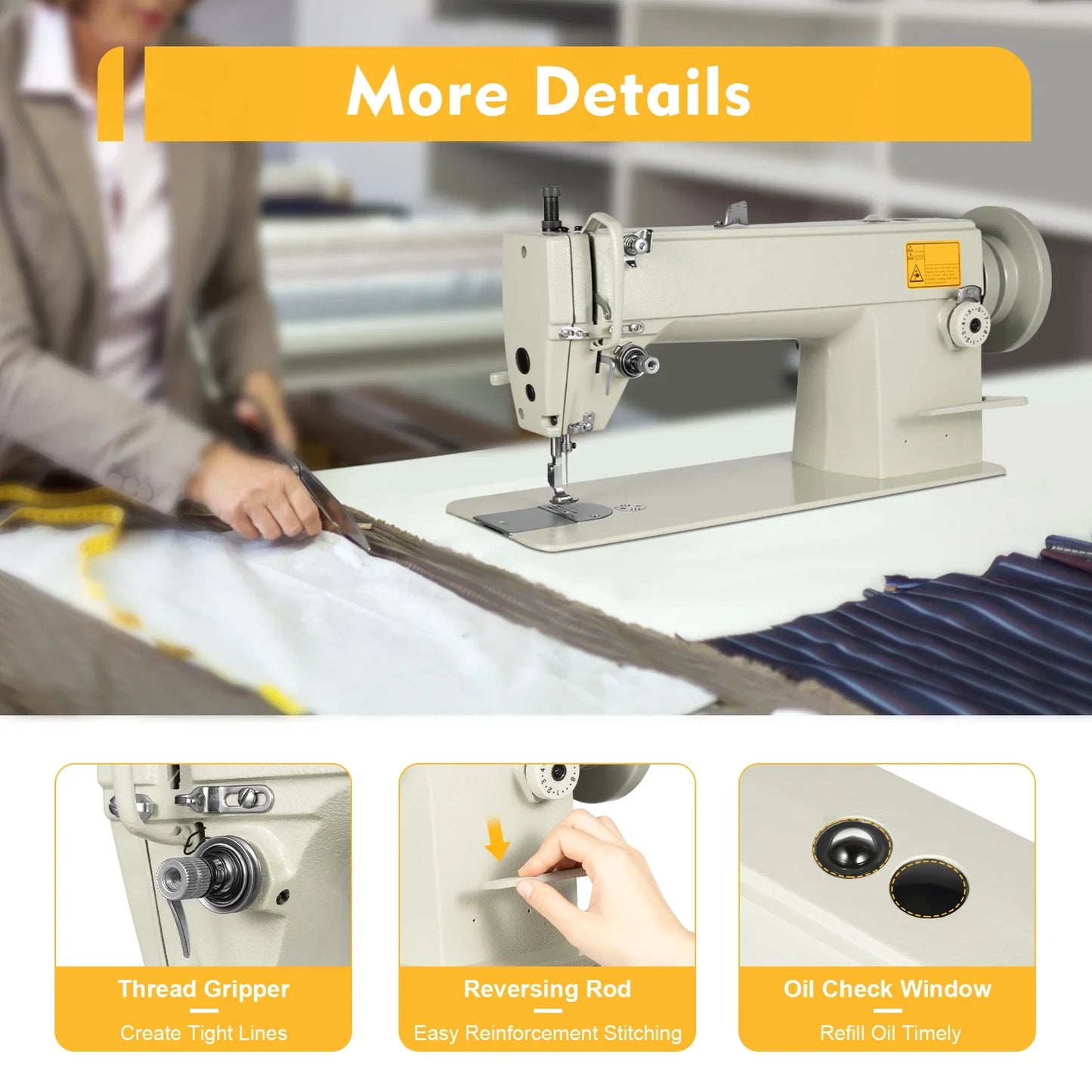 3000 Stitch/Min Industrial Sewing Machine Heavy Duty Cast Iron, 5.5 to 13mm Stitch for Thick Fabrics