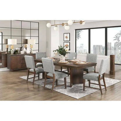 Modern Walnut Finish Dining Set 7pc with Self-Storing Extension Leaf and 6 Upholstered Chairs for Elegant Dining Experience