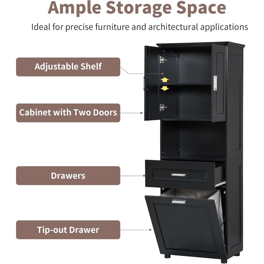 Laundry Cabinet with Tilt Out Laundry Hamper and Drawer, Wood Tall Bathroom Storage Cabinet with Doors and Adjustable Shelves