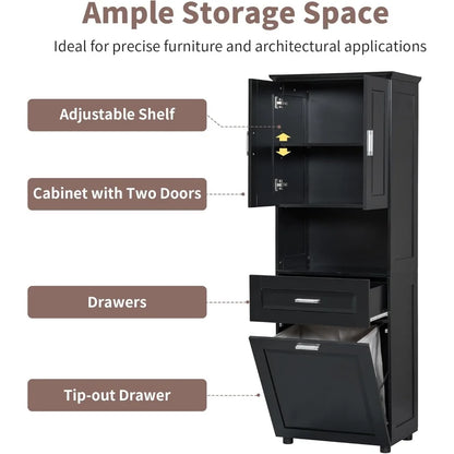 Laundry Cabinet with Tilt Out Laundry Hamper and Drawer, Wood Tall Bathroom Storage Cabinet with Doors and Adjustable Shelves