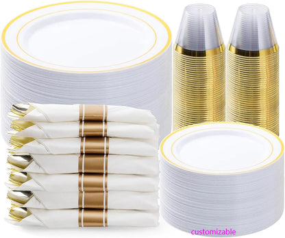 350PCS Gold Plastic Dinnerware Set, Disposable Party Plates for 50 Guests, Include: 100 Plastic Plates, 50 Pre Rolled Napkins