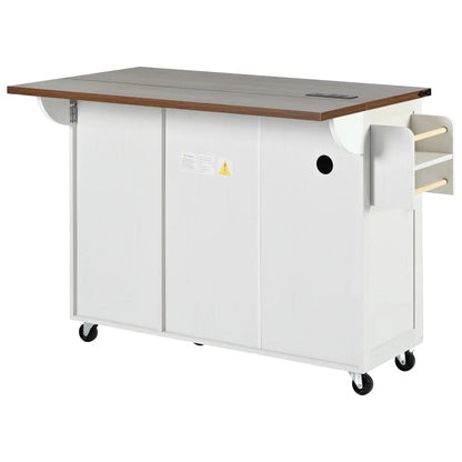 54.5" Farmhouse Kitchen Island with Power Outlet, Kitchen Storage Island  with Internal Storage Rack, Drop Leaf, Spice Rack