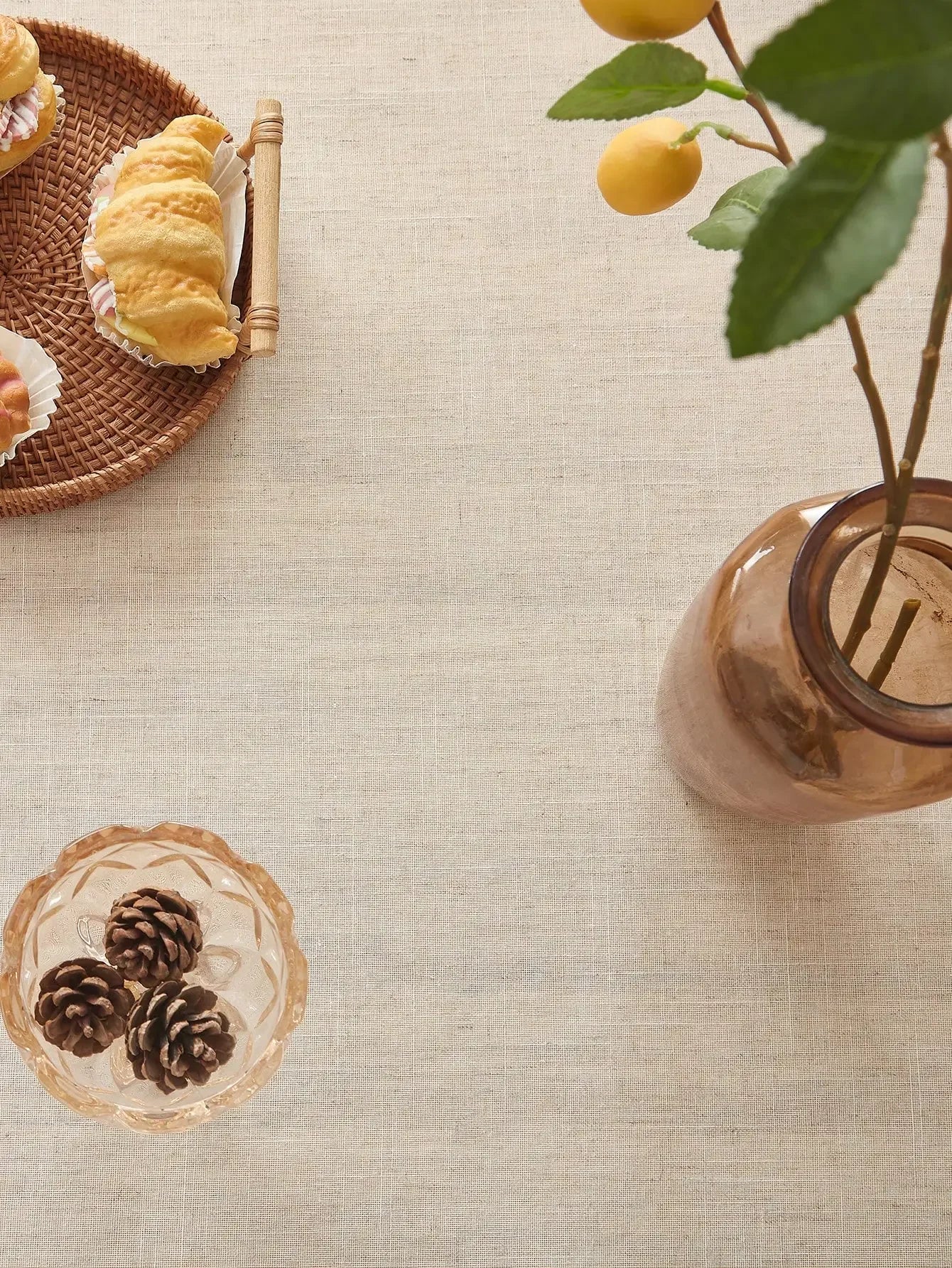 Beige linen square tablecloth, retro countryside style, kitchen living room coffee table