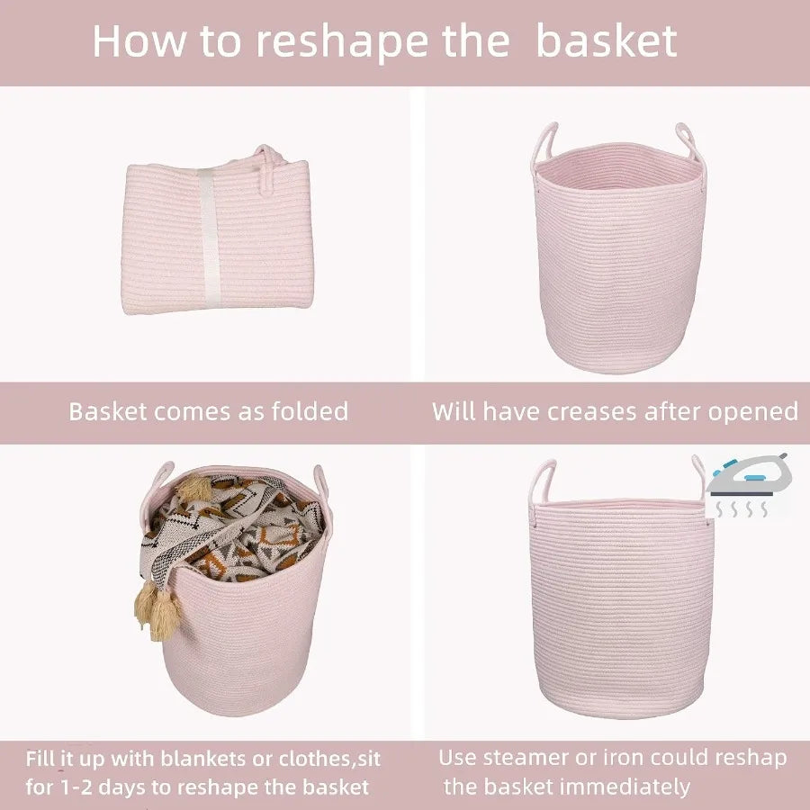 Large Light Pink Cotton Rope Laundry Basket Hamper for Girls Baby Nursery Storage Bin