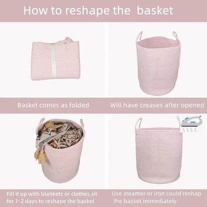 Large Light Pink Cotton Rope Laundry Basket Hamper for Girls Baby Nursery Storage Bin