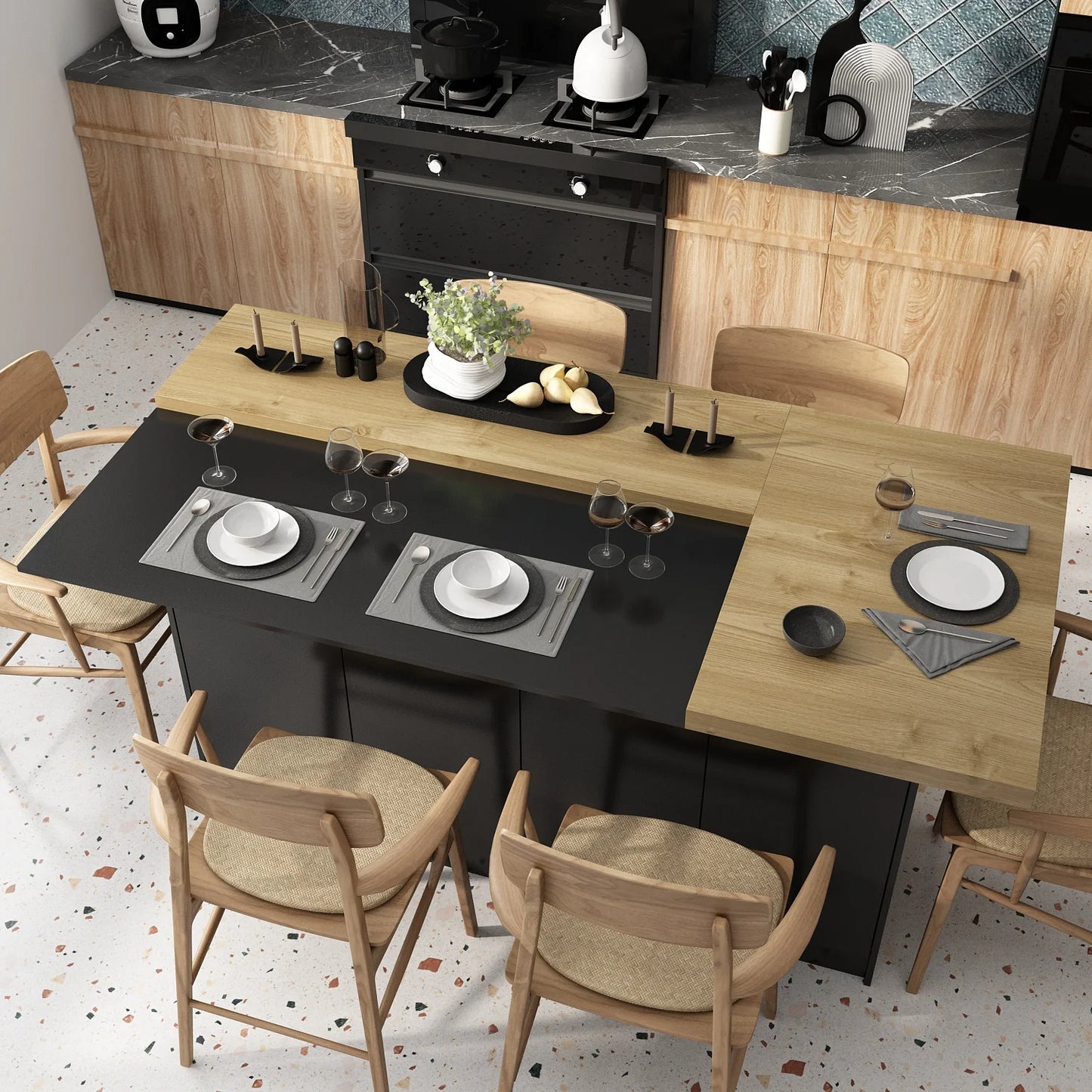 Modern Kitchen Island With 14 Shelves, Kitchen Cabinet With Spacious Countertop, Storage Cabinet For Kitchen, Black