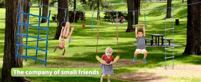 Warrior Obstacle Course For Kids And Adults - 65FT Slackline With Tree Climbing Rock Holds, Swing Seat, Monkey Bars, Ring Wheel,