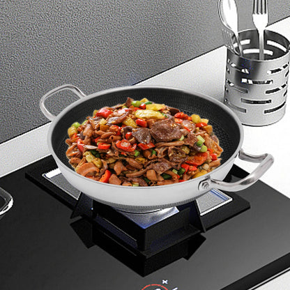 13-Inch Stainless Steel Skillet with Lid, Non-Stick, Kitchen Flat Frying Pan, Professional Cookware for All Cooktops Silver