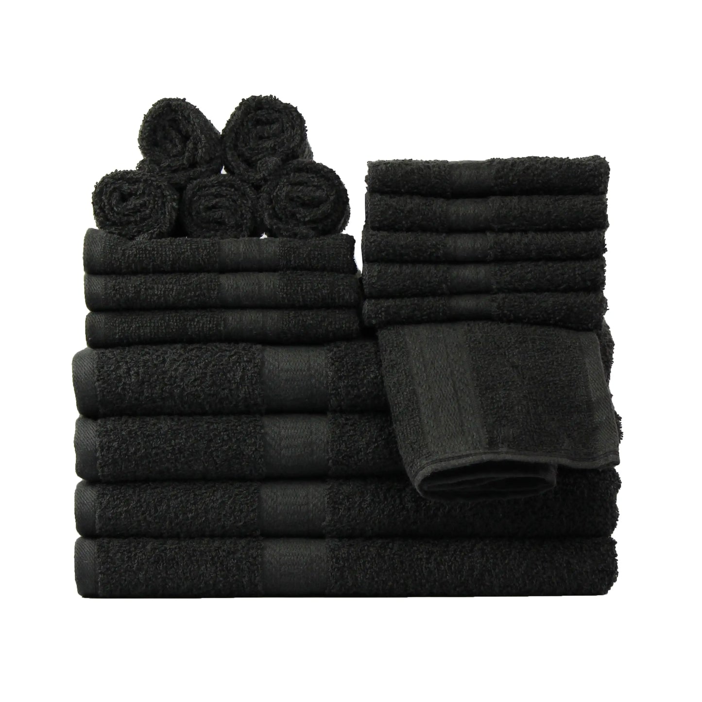 18 Piece 100% Cotton Towel Set, 4 Bath , 4 Hand and 10 Washcloths, Super Soft and Highly Absorbent Basic Solid Towel Set,Black