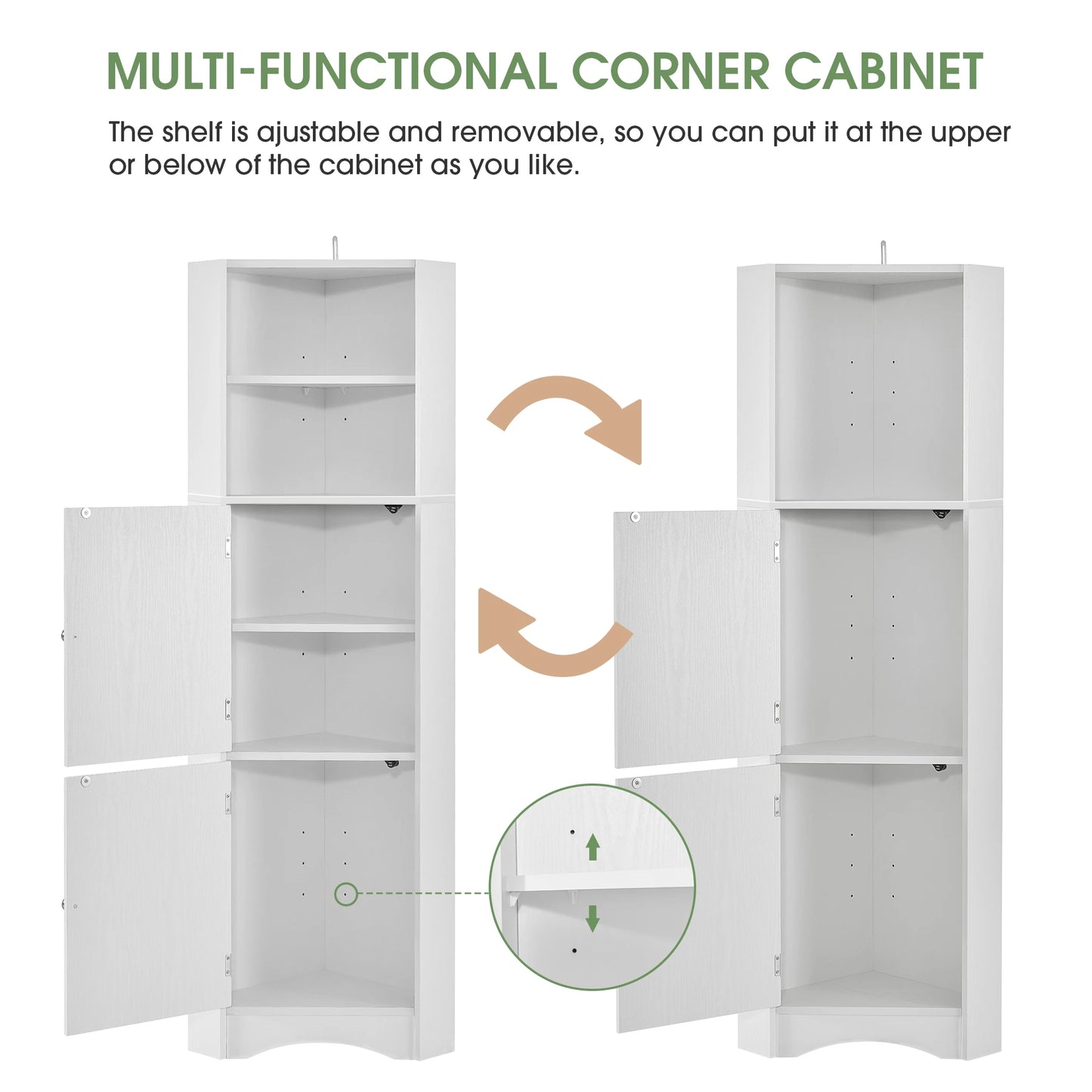 Tall Bathroom Corner Cabinet, Freestanding Storage Cabinet with Doors and Adjustable Shelves