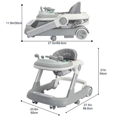 Push Walker with Detachable Feeding and Music Trays, Foldable Learning Toy for Infants and Toddlers, 2 In 1 Walker