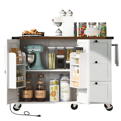 54.5" Farmhouse Kitchen Island with Power Outlet, Kitchen Storage Island  with Internal Storage Rack, Drop Leaf, Spice Rack
