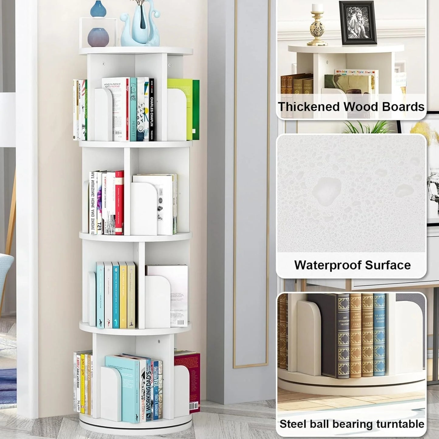 4 Tier Rotating Bookshelf Tower Floor Standing Storage Rack 360 Degree Revolvin Bookcase  Narrow Bookshelf Organizer for Home