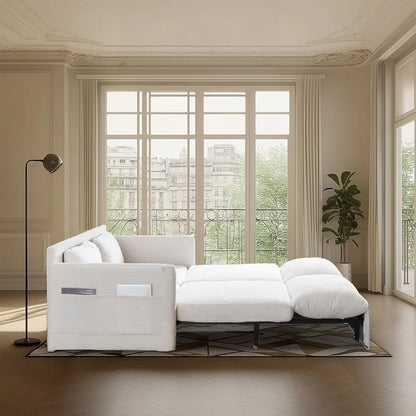 Queen Size Pull Out Couch Sleeper Sofa Bed, 3-in-1 Convertible Futon Couch for Living Room with Storage Pockets & Arm Pillows