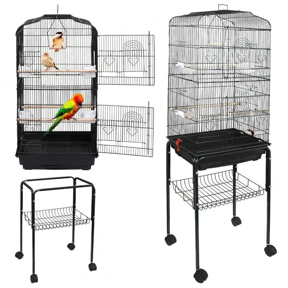 59''H Rolling  Bird Cage Cockatiel Parakeet Finch Canary Home with Stand & Tray