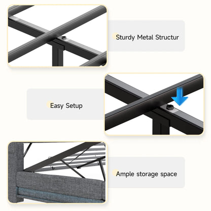 Lift Up Bed Frame with Storage Headboard &Power Outlet, LED Lights Upholstered Platform Bed Frame for Bedroom Noise-Free