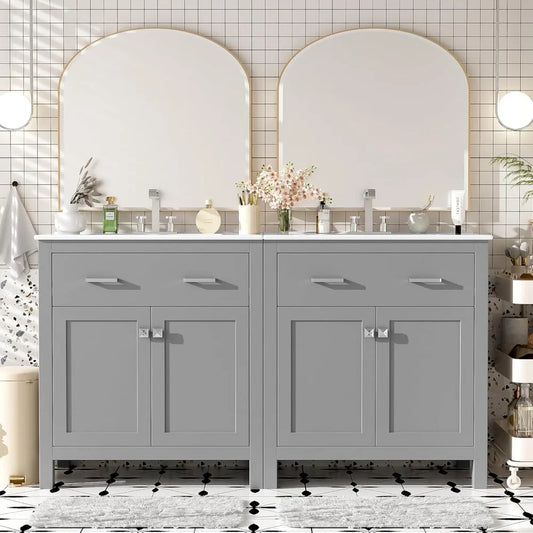 60" Bathroom Vanity Set with Double Sink, Vanity Cabinet with Flip Drawer, 2 Doors, and Adjustable Shelf