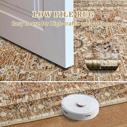 Faux Cashmere Vintage Printed Rug Area Rugs, Low Pile Rugs for Living Room Bedroom