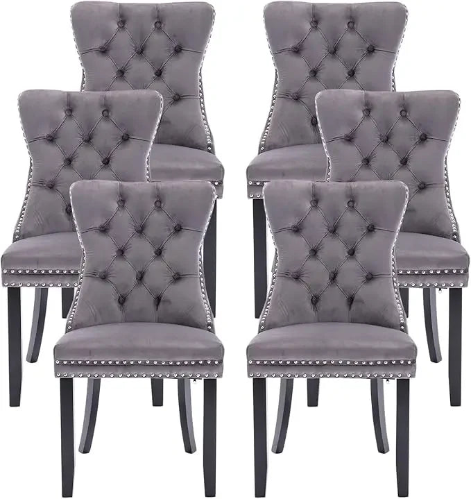 Leather Dining Chairs Set of 6, Upholstered Dining Room Chair with Nail head Trim and Solid Wood Legs, Luxury Wingback