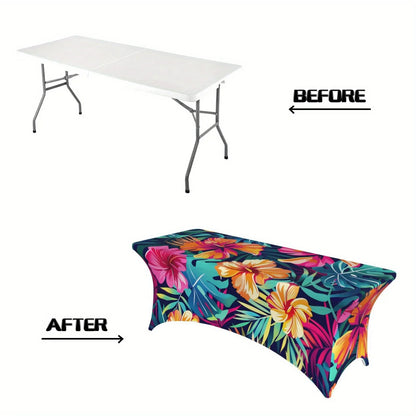 2PCS Vibrant Tropical Print Stretchable Tablecloth - Wrinkle & Stain Resistant