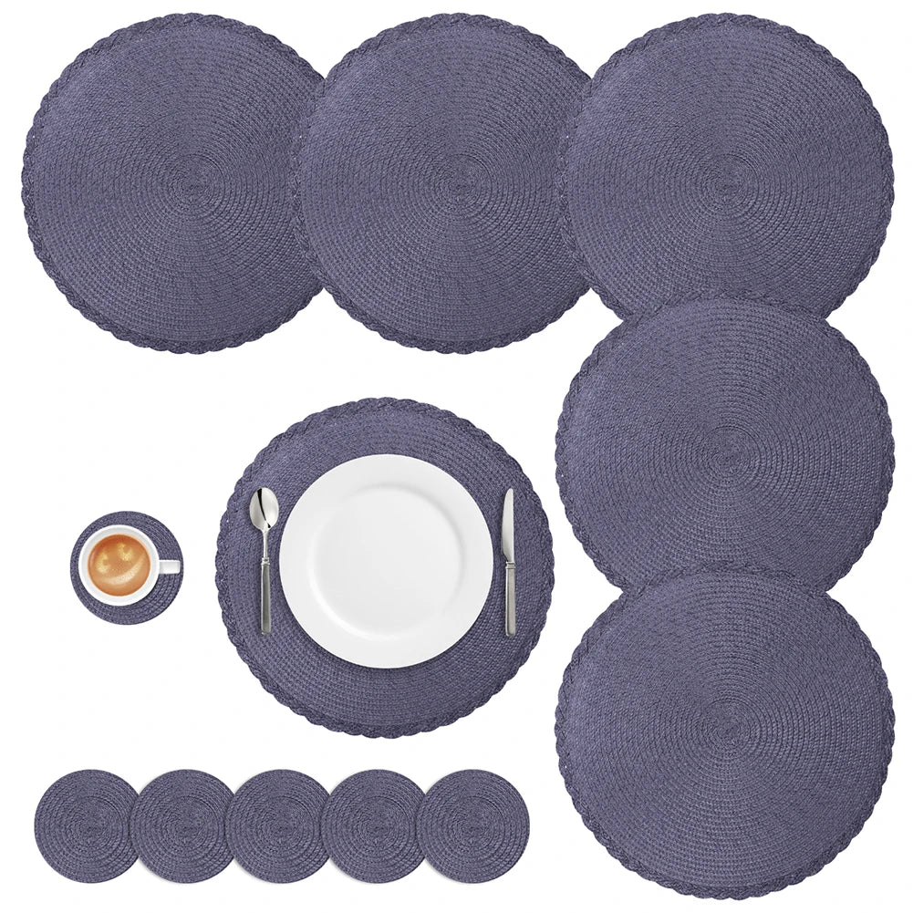 Round Braided Set of 6 Washable Round Placemats for Christmas Kitchen Wedding Dining Table 34cm Woven Heat Resistant Place Mats