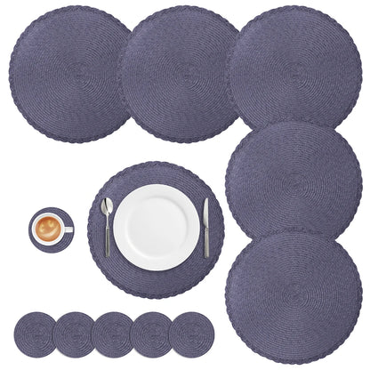 Round Braided Set of 6 Washable Round Placemats for Christmas Kitchen Wedding Dining Table 34cm Woven Heat Resistant Place Mats