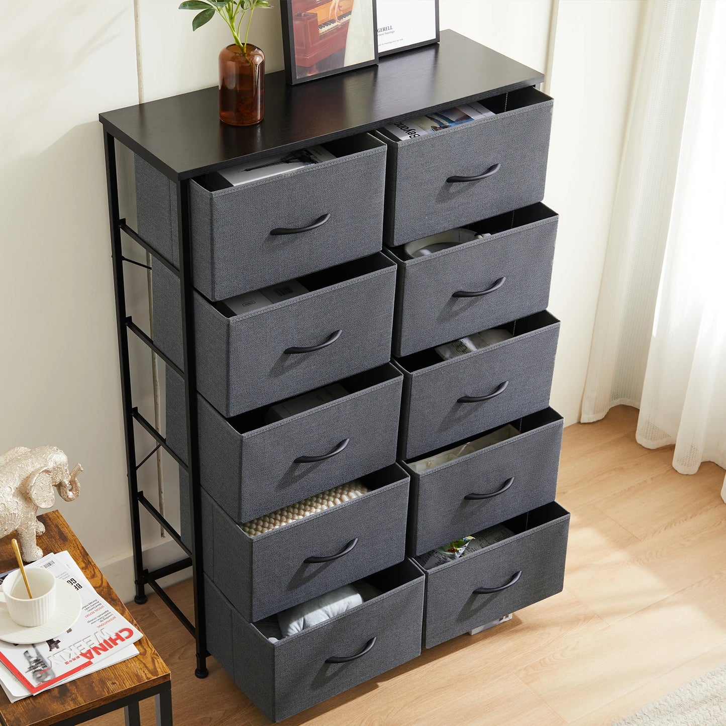 Bedside Table For Bedroom With 10 Fabric Drawers Nightstand Storage Cabinet With Steel Frame