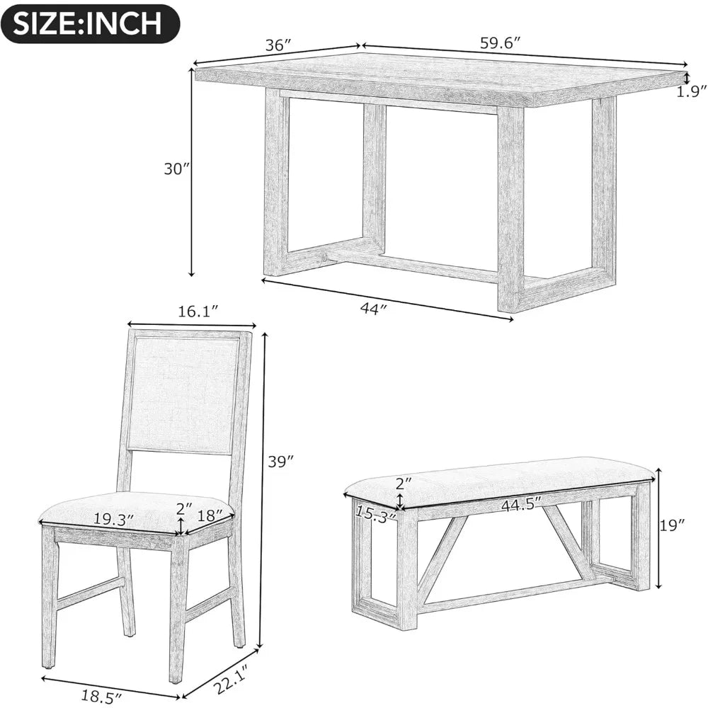 6-Piece Retro Dining Set for 6 Dining Table Set with 4 Upholstered Chairs & 1 Bench Rectangular Table Set with Designed Trestle
