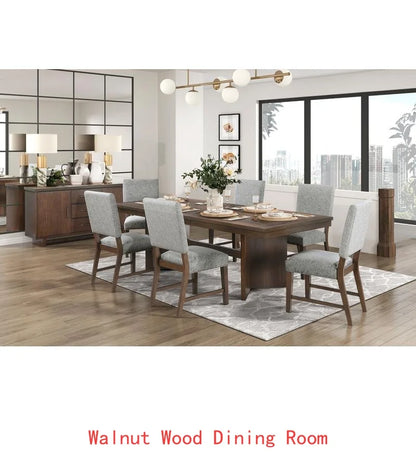 Modern Walnut Finish Dining Set 7pc with Self-Storing Extension Leaf and 6 Upholstered Chairs for Elegant Dining Experience